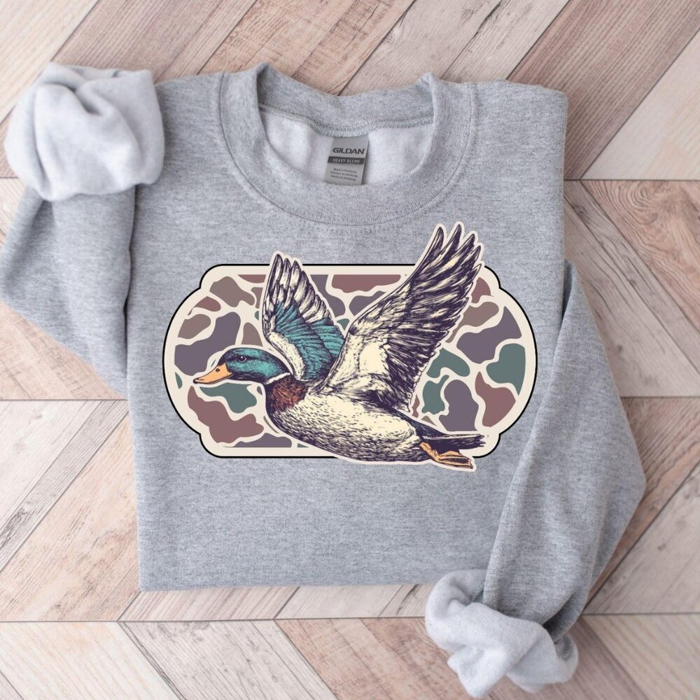 Camo Flying Mallard Bird Old School Camo Sublimated Vintage Gildan Crewneck